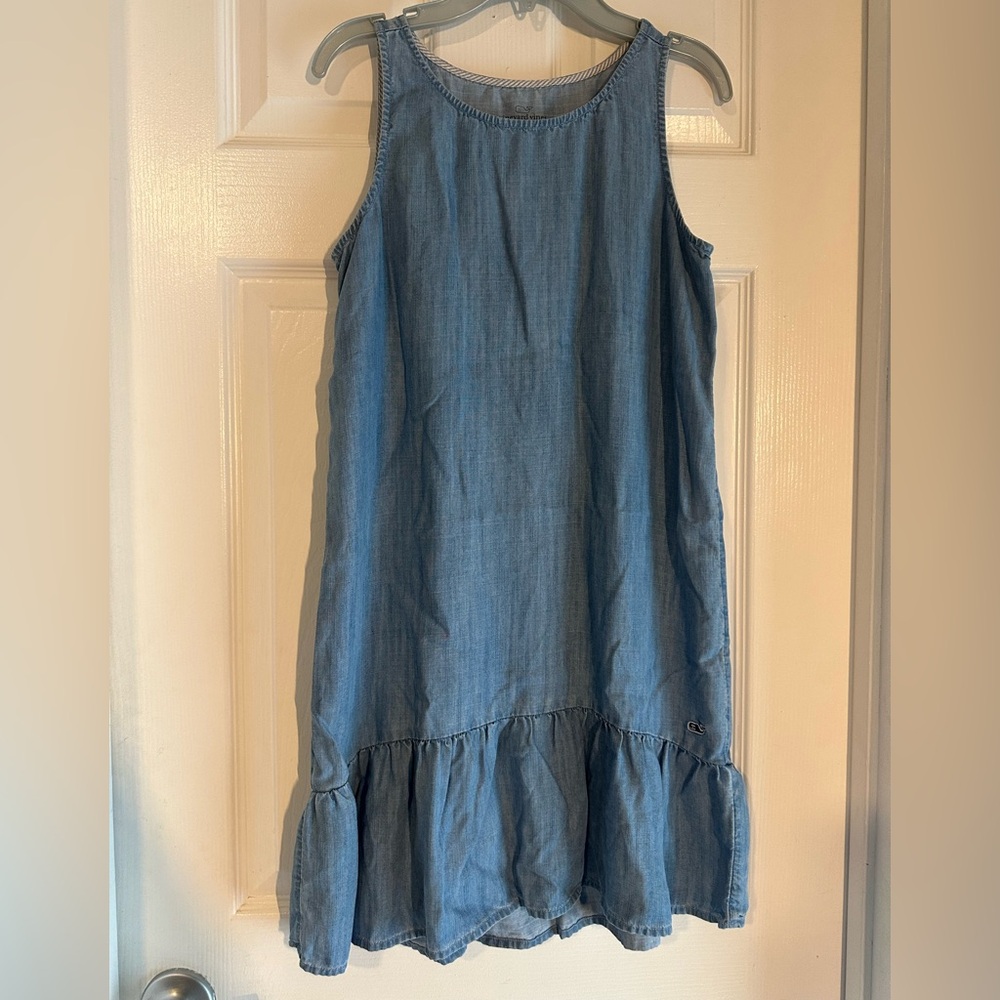 Vineyard Vines Girl’s Sleeveless Denim Drop Dress with Ruffle Hem Embroidered